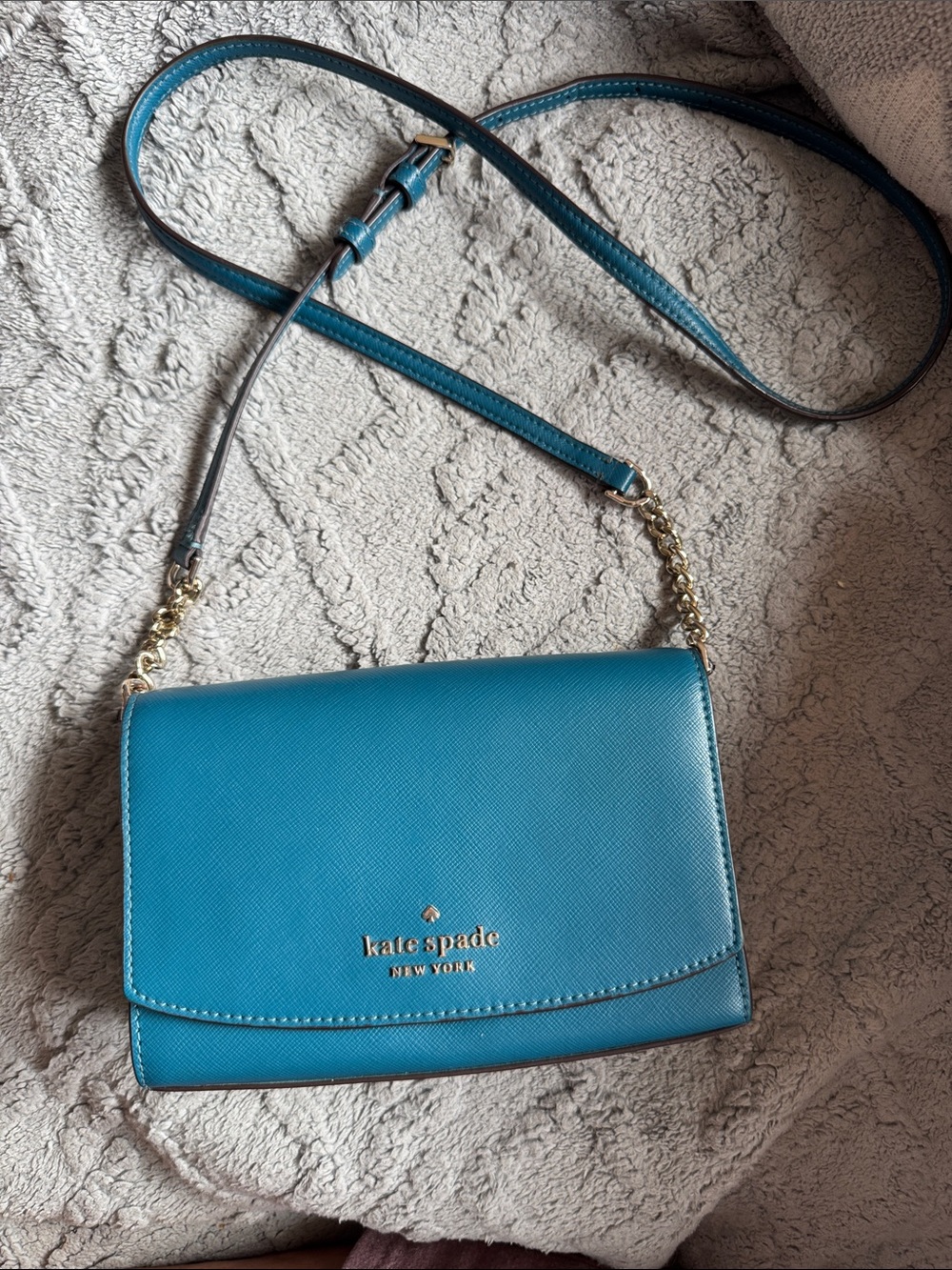 kate spade teal blue leather crossbody with gold chain